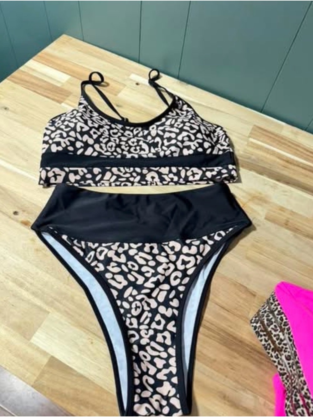 Leopard Print High-Waist Bikini Set - Black & Beige